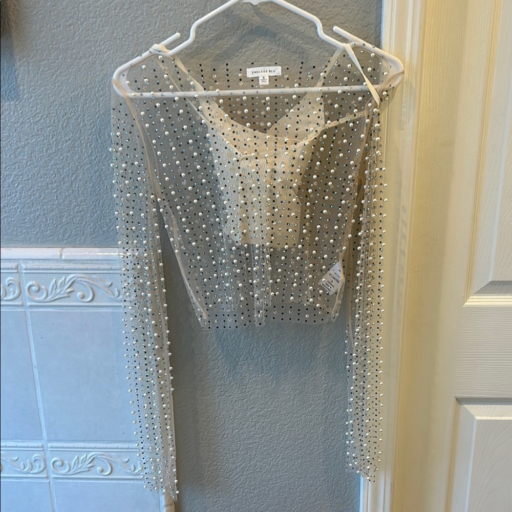 Zara Transparent Pearl-Studded Blouse